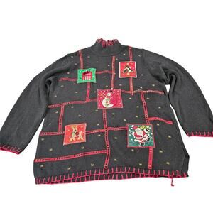 Vintage Holiday Editions Black Christmas Sweater Embroidered Holiday Sz L Santa